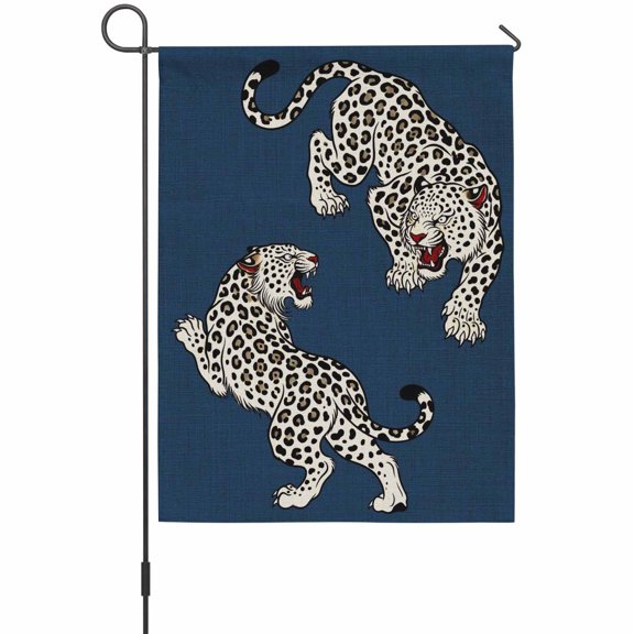 Navy Blue Leopard Garden Flag 12 x 18 Inches, Modern Style Wild Animal Rustic Linen Texture Weather Proof Outdoor Patio Flags Double Sided Small Garden Decoration for Yard Outside Home