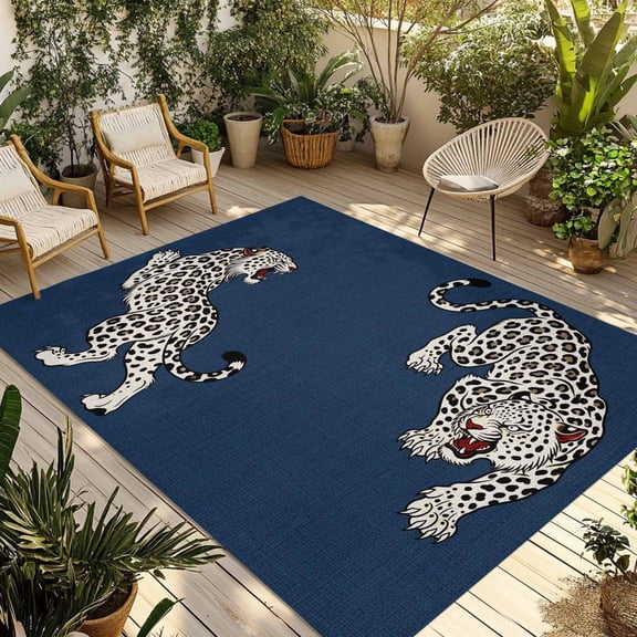 Navy Blue Leopard Outdoor Rug, Modern Style Wild Animal Rustic Linen Texture Non-Slip Area Rugs Carpet Breathable Large Floor Mat for Outdoors Patio Porch Deck Beach 4’ x 6’