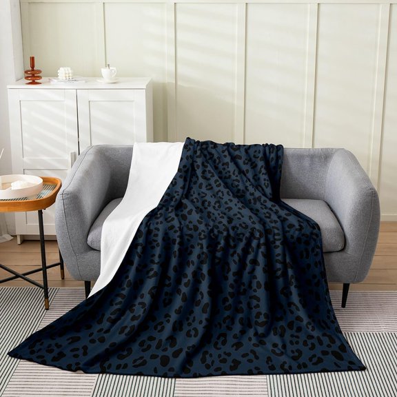 Navy Blue Leopard Print Fleece Throw Blanket for Couch and Bed Soft Fluffy Warm Microfiber Blanket