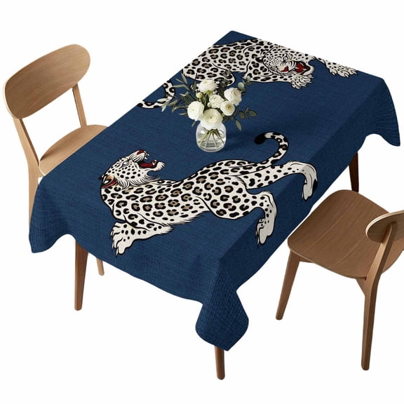 Navy Blue Leopard Rectangle Tablecloth Modern Style Wild Animal Rustic Linen Texture Waterproof Wrinkle Free Soft Table Cloth Spill-Proof Washable Table Cover for Dining Party Picnic 52 x 70 Inch