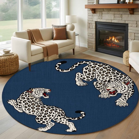 Navy Blue Leopard Round Rugs for Living Room 7ft Modern Style Wild Animal Rustic Linen Texture Non Slip Circle Rug Washable Low-Profile Indoor Carpet for Bedroom, Dining Room, Bathroom