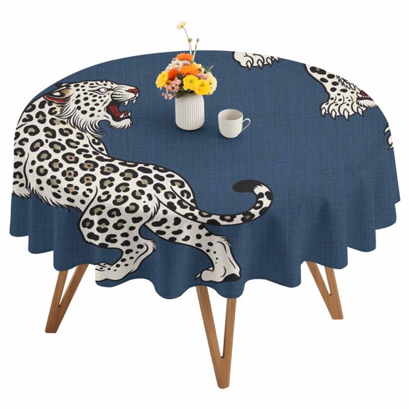 Navy Blue Leopard Round Tablecloth 54 inches Modern Style Wild Animal Rustic Linen Texture Waterproof Oil-Proof Table Cloth Round Table Cover for Holiday Party Picnic Dinner Decor Indoor Outdoor Use
