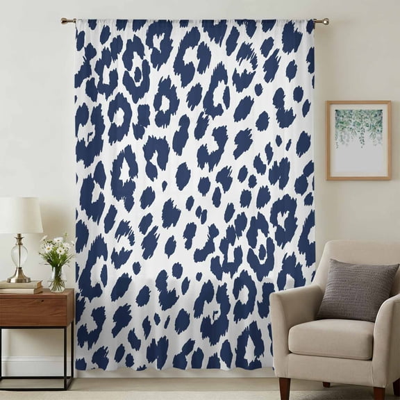 Navy Blue Leopard Sheer Curtains 96 Inches Long for Living Room, Vintage Animals Texture Country Light Filtering Privacy Drapes, Breathable Semi Sheer Window Treatment for Bedroom Dining Room