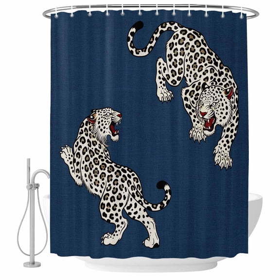 Navy Blue Leopard Shower Curtain, 48"x72", Modern Style Wild Animal Rustic Linen Texture Waterproof Bathroom Curtain Washable Shower Curtain Set with 12 Hooks