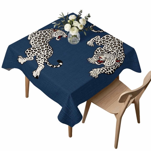 Navy Blue Leopard Square Tablecloth Modern Style Wild Animal Rustic Linen Texture Waterproof Wrinkle Free Soft Table Cloth Spill-Proof Washable Table Cover for Dining Party Picnic 54 x 54 Inch