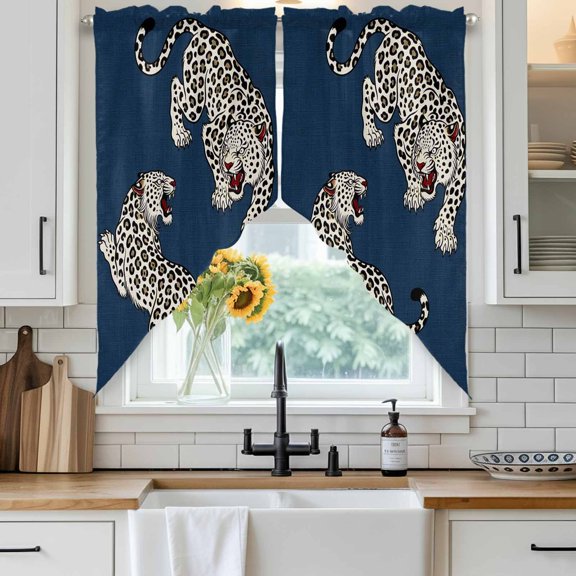 Navy Blue Leopard Swag Curtain Valance for Windows, Modern Style Wild Animal Rustic Linen Texture Window Treatments Short Swag Topper for Kitchen Windows Bathroom Bedroom, 28"x36"