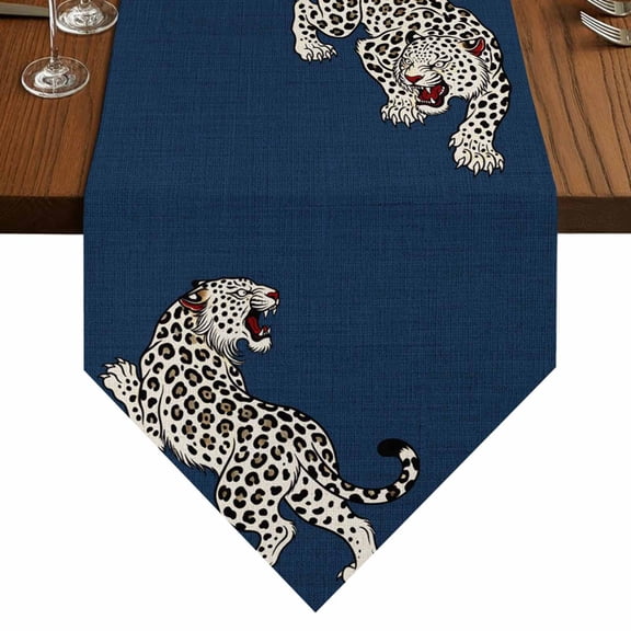 Navy Blue Leopard Table Runner for Dining Room, Modern Style Wild Animal Rustic Linen Texture Cotton Linen Dining Table Runner Tablecloth Dresser Scarves for Kitchen Cafe 13x48 Inches Long