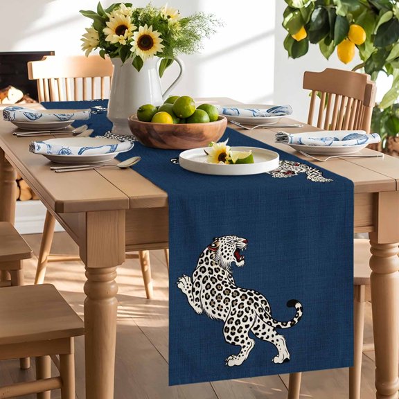 Navy Blue Leopard Table Runner, Modern Style Wild Animal Rustic Linen Texture Washable Kitchen Table Runners Dress Scarves for Dining Table Decorations Party/Restaurant/Indoor Outdoor Use, 13x36in