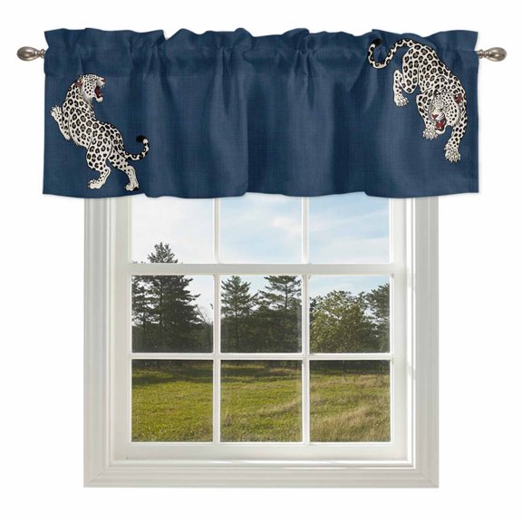 Navy Blue Leopard Valances for Windows, 42x12in, Modern Style Wild Animal Rustic Linen Texture Rod Pocket Kitchen Valance Curtain Light Filtering Window Treatments for Living Room Bedroom
