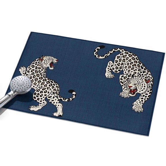 Navy Blue Leopard Washable Area Rug 2 x 3 ft Modern Style Wild Animal Rustic Linen Texture, Soft Non Slip Rugs Stain Repellent Indoor Felt Carpet for Living Dining Room Bedroom Home Office