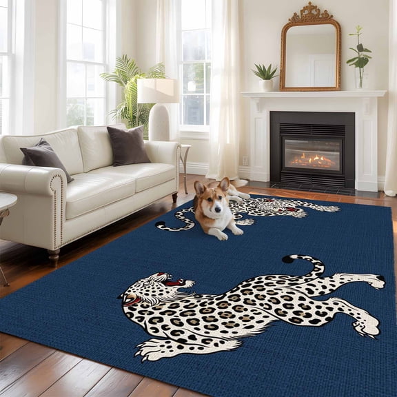 Navy Blue Leopard Washable Area Rug 5x8 Modern Style Wild Animal Rustic Linen Texture Low-Profile Large Area Rugs with Non Slip Backing Indoor Floor Carpet for Entrance Living Room Bedroom
