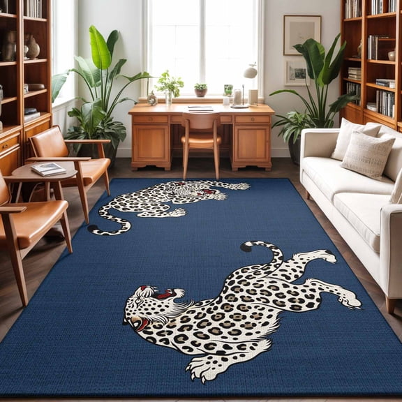 Navy Blue Leopard Washable Area Rug 9 x 12 ft Modern Style Wild Animal Rustic Linen Texture, Soft Non Slip Rugs Stain Repellent Indoor Felt Carpet for Living Dining Room Bedroom Home Office
