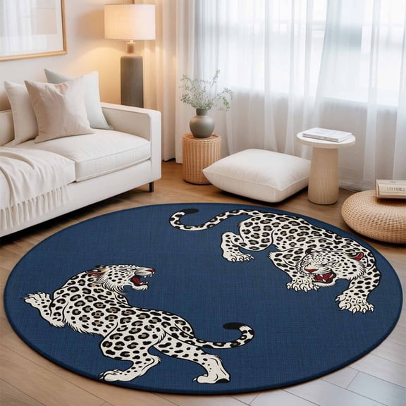 Navy Blue Leopard Washable Round Area Rug 3 ft, Modern Style Wild Animal Rustic Linen Texture, Soft Non Slip Rugs Stain Repellent Indoor Felt Carpet for Living Dining Room Bedroom Home Office