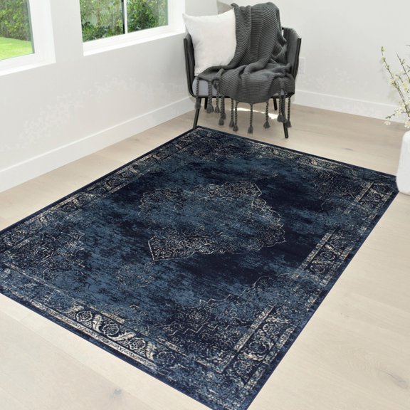 Navy Blue/Light Blue/Beige Oriental Distressed - Modern Vintage Design- Abstract Persian Rug