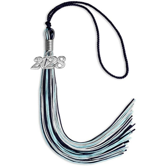 Endea Graduation Navy Blue/Light Blue/Silver Mixed Color Graduation Tassel with Silver Date Drop