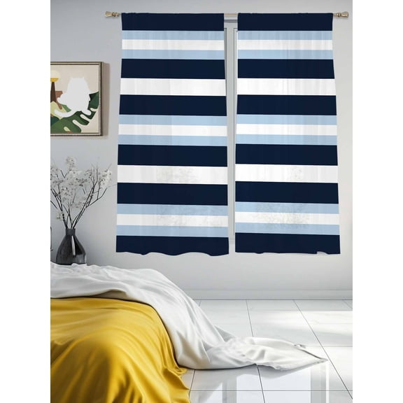 Navy Blue Light Blue Striped Art Sheer Curtains 2 Panels Set Modern Minimalist Line Lihgt Filtering Rod Pocket Voile Drape,Semi Sheer Window Curtains for Bedroom Living Room,52"x63"