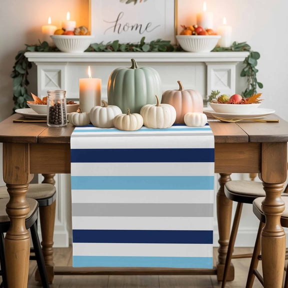 Navy Blue Light Blue White Striped Cotton Linen Table Runner, Washable Table Runners for Kitchen, Dining Room, Holiday, Home Party Table Decor, 13x48 Inches