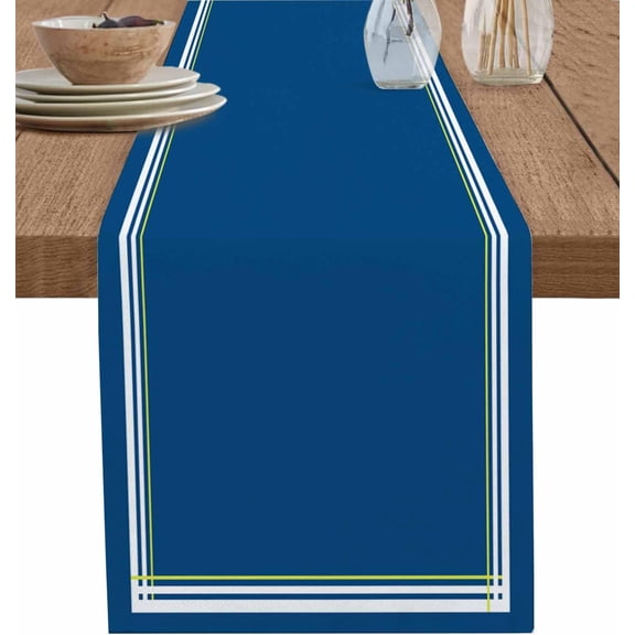 Navy Blue Line Table Runner, Washable Cotton Linen Table Runners 36 Inches Long, Farmhouse Simple Blue Striped Dresser Scarf Runner for Nightstand/End Tables/Round Tables 13''''x36''''