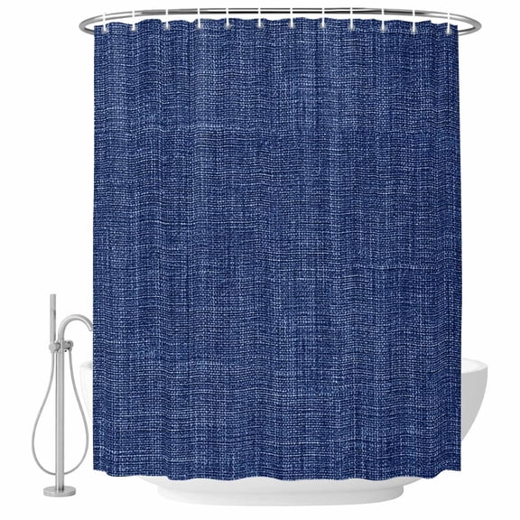 Navy Blue Linen Bathroom Shower Curtains with Hooks, Farmhouse Pure Color Country Vintage Waterproof Fabric Washable Shower Curtain for Home Hotel Bathtub Decor 60x72 Inch