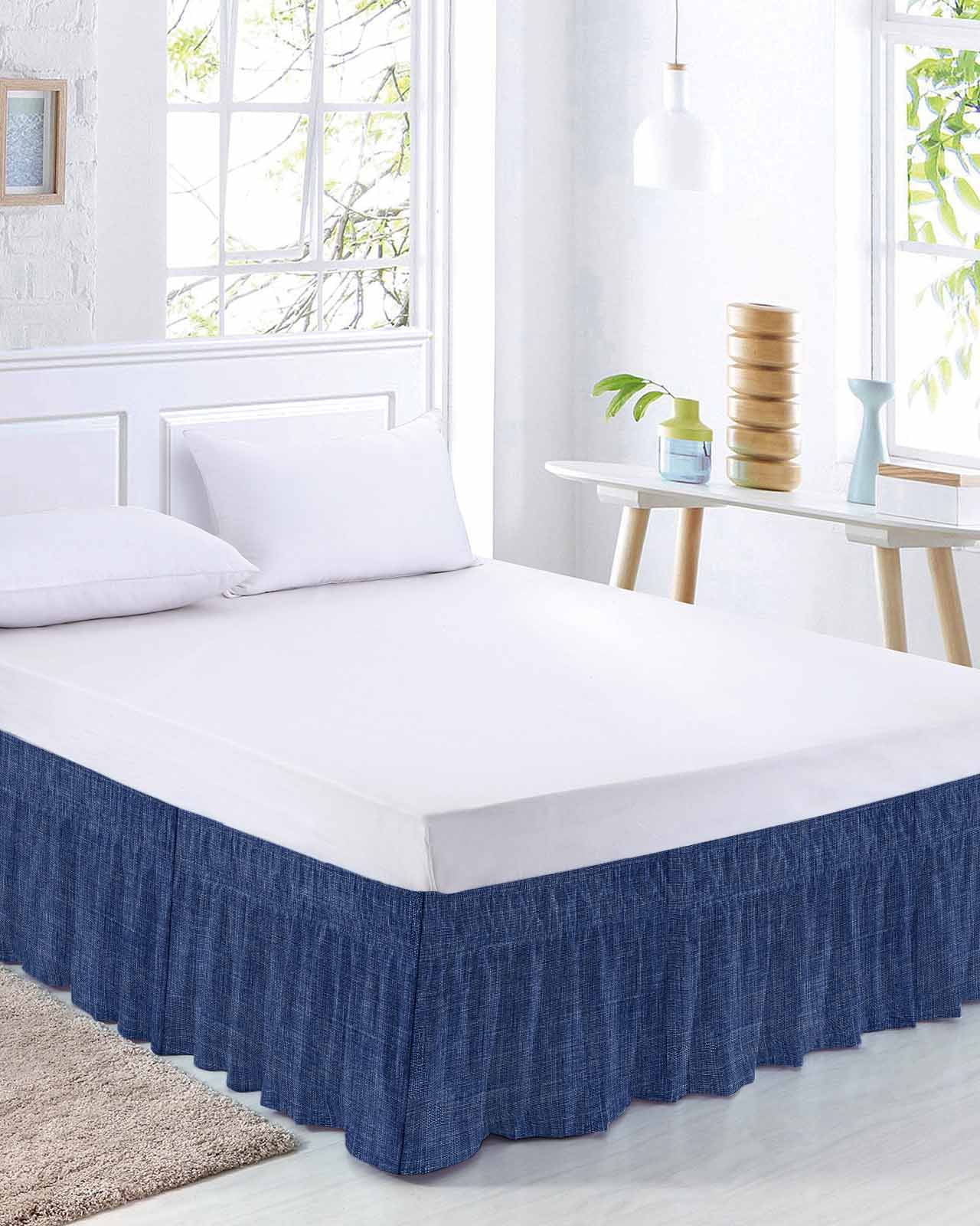 Navy Blue Linen Bed Skirt Queen Size 16 Inch Drop, Farmhouse Pure Color Country Vintage Adjustable Elastic Dust Ruffles Bedskirt for Queen Bed Wrap Around Pleated Mattress Frame Cover