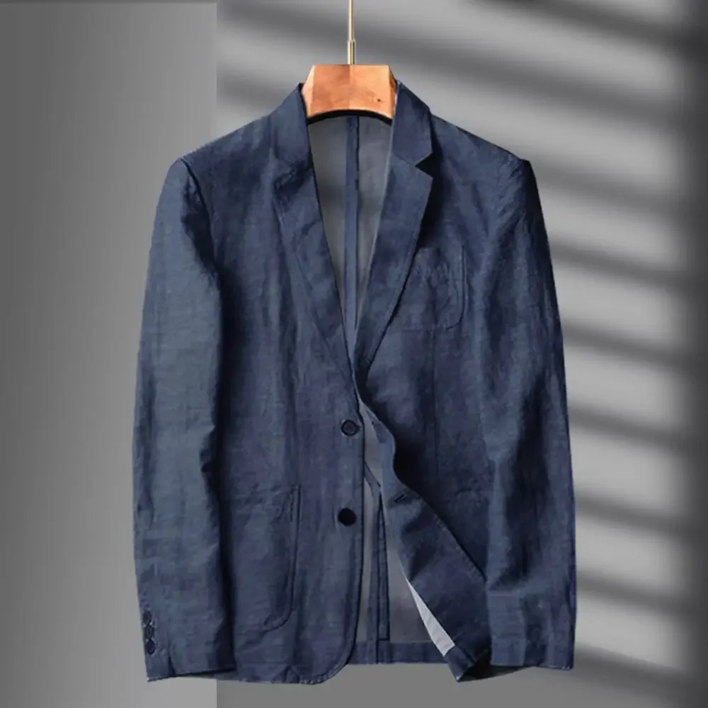 Navy Blue Linen Blazer Men Summer Casual Suit Single Jacket for Men — free download