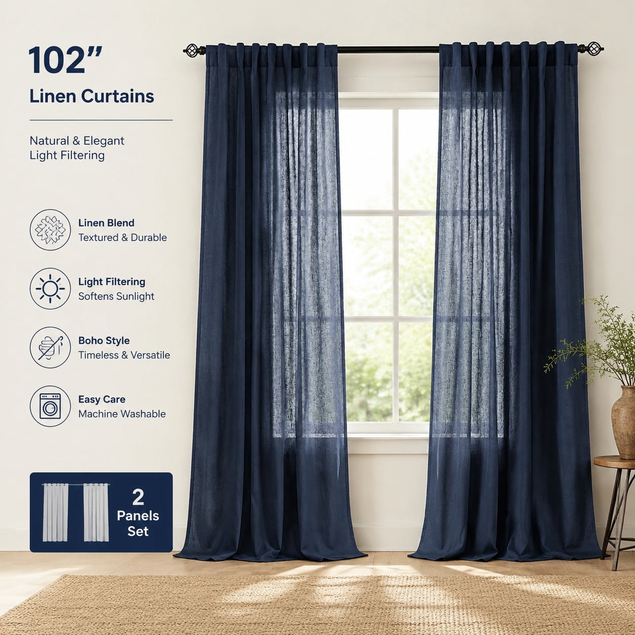 Navy Blue Linen Curtains 84 Inch Length, Back Tab Semi Sheer Drapes for ...