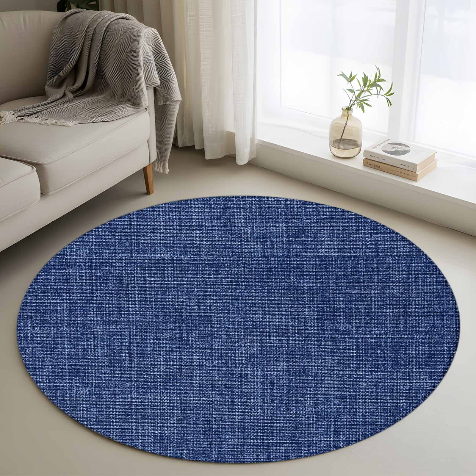 Navy Blue Linen Round Living Room Rugs 4 ft, Farmhouse Pure Color