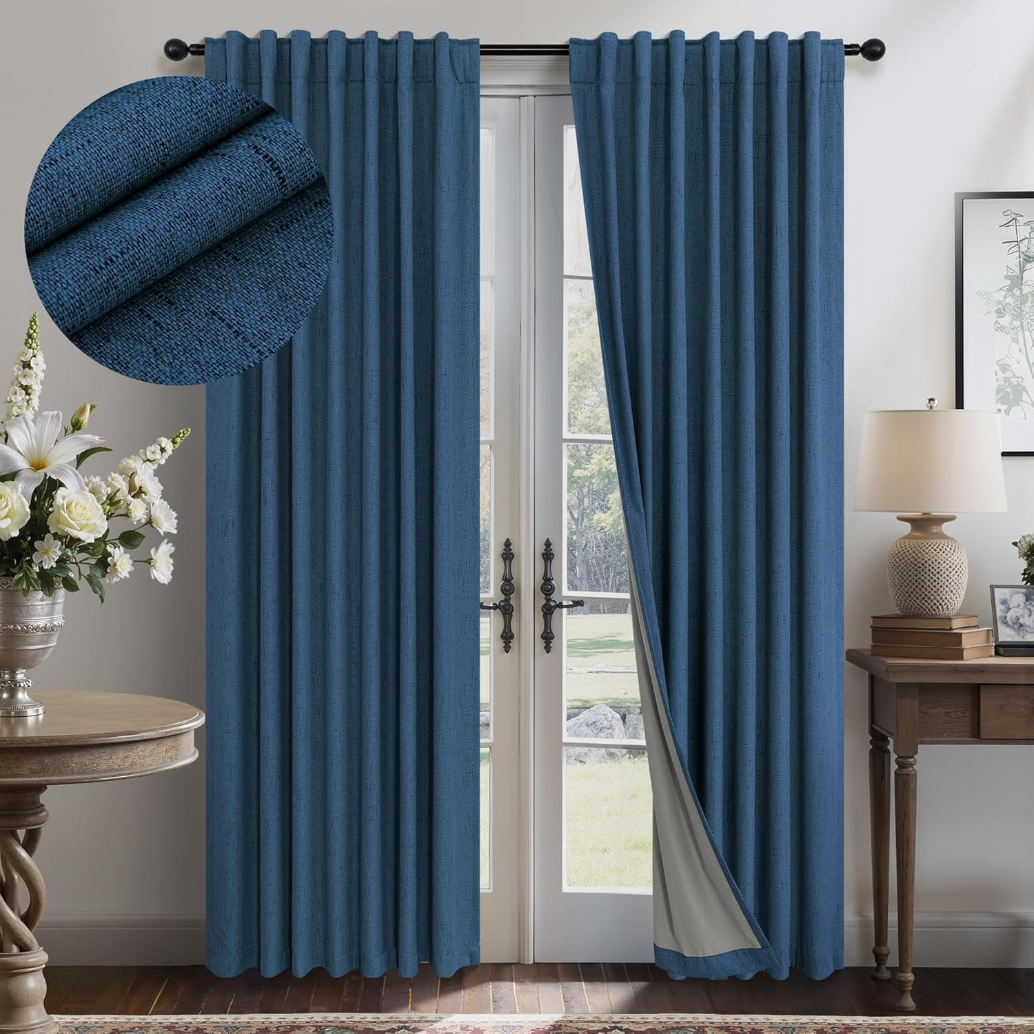 Navy Blue Linen Textured Blackout Curtains 72 Inches Long for Bedroom