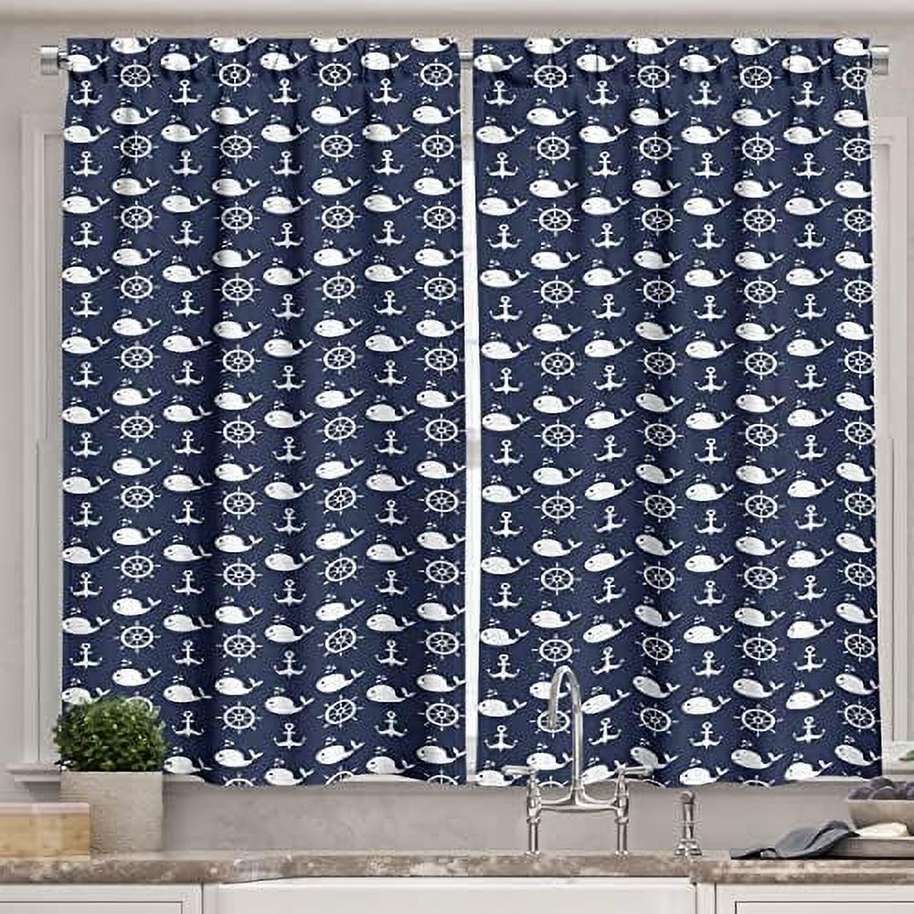 Navy Blue Long Kitchen Curtains, Maritime Pattern With Whales Helms