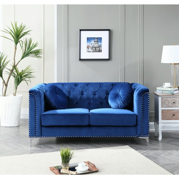 Navy Blue Loveseat Velvet Upholstery Button Tufted Home Living Room