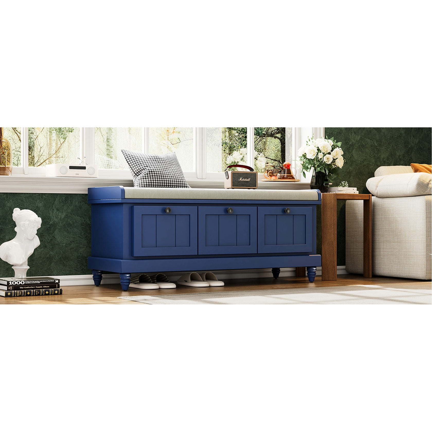 Navy Blue MDF Storage Bench with Soft Seat / Comfortable Extra Seating ...