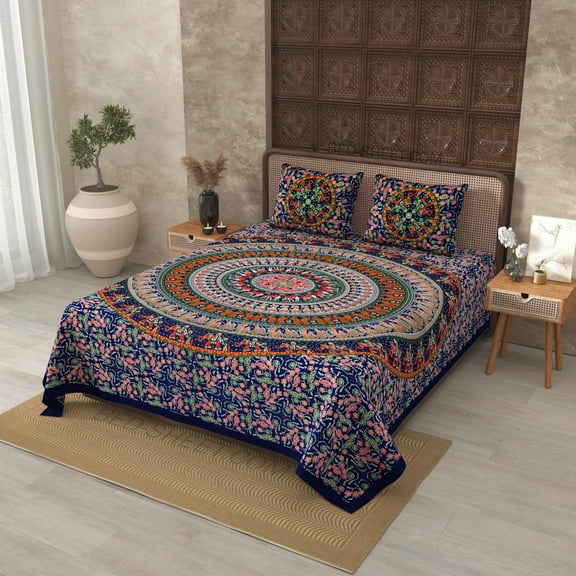 Navy Blue Mandala Bedsheet Tapestry Floral Print With 2 Pillow Covers