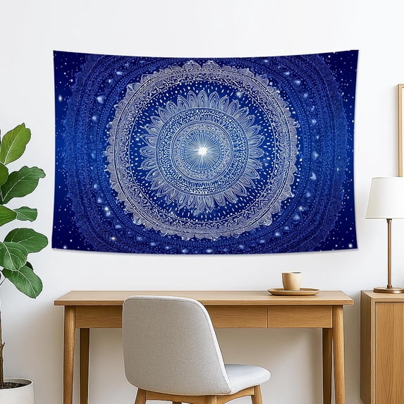 Navy Blue Mandala Wall Tapestry, Celestial Bohemian Fabric Wall Hanging Decor for Bedroom, Living Room, Dorm, 60 x 50 Inch