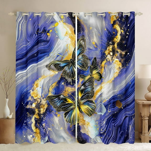 Navy Blue Marble 30%-50% Blackout Curtains Black Butterfly Curtains & Drapes 2 Panels 38"Wx54"L,Gold Marbling Curtains Abstract Ombre Art Window Curtains