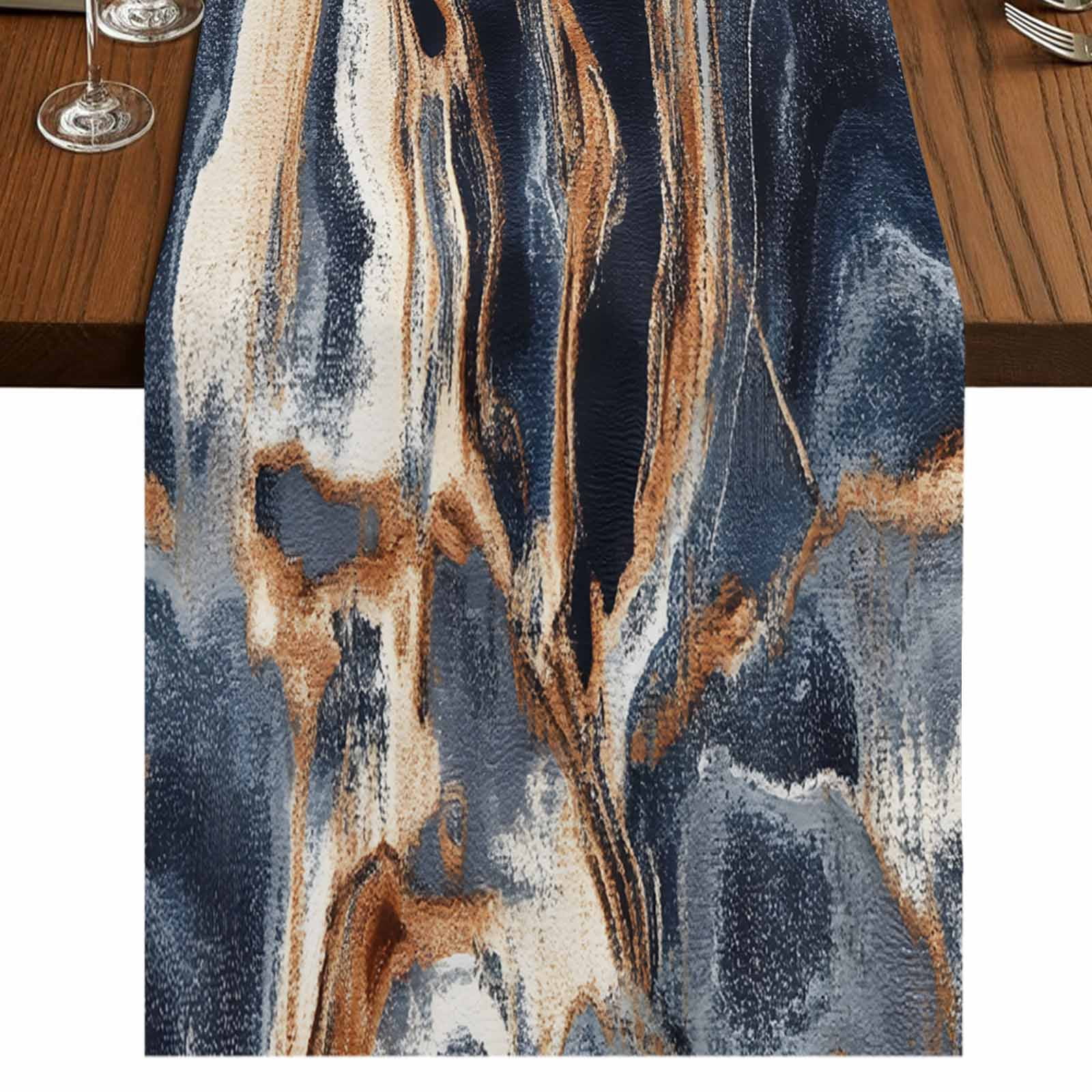 Navy Blue Marble 36 Inch Table Runner, Abstract Art Stone Farmhouse ...