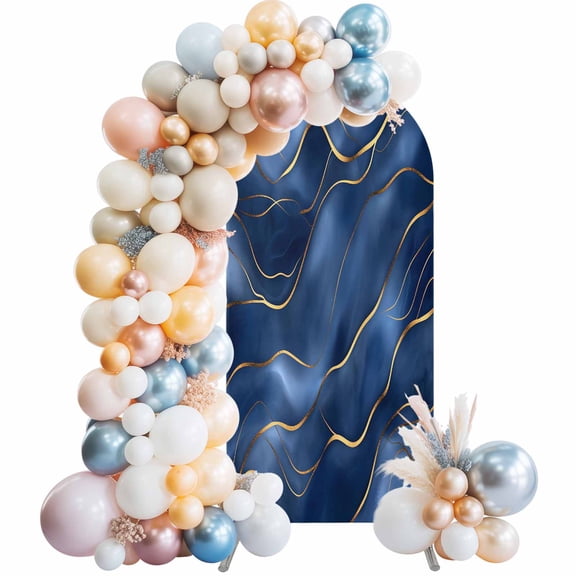 Navy Blue Marble Arch Backdrop Cover, Spandex Fitted Wedding Arch Cover, Abstract Modern Golden Geometric Round Top Stand Covers for Birthday Ceremony Bridal Shower Party Decor 4x1.65 Ft
