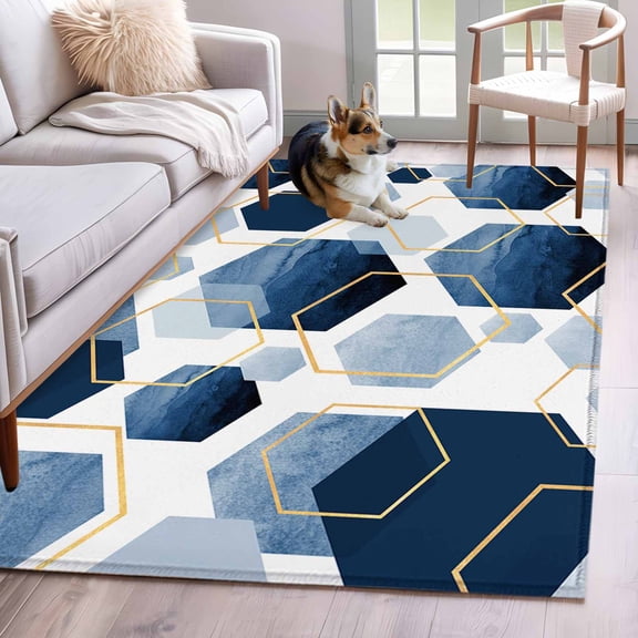 Navy Blue Marble Area Rug 4x6 Washable Rug Non Slip Gold White Geometric Hexagon Modern Large Area Rug Indoor Floor Carpet for Entryway Bedroom Kitchen Living Room Home Office Dining Room Nursery