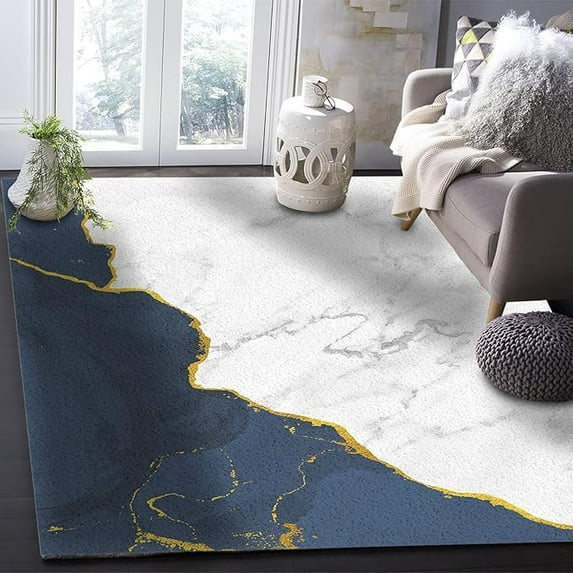 Navy Blue Marble Area Rug for Living Room Bedroom, Grey Modern Abstract Art Rectangular Area Rugs Non-Slip Rug Washable Indoor Carpet for Dorm Office 4 x 6ft