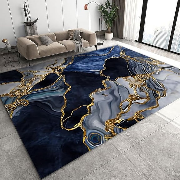 Navy Blue Marble Area Rug, Luxury Blue Agate Texture Indoor Carpet, with Non-Slip Rubber Backing Throw Rugs for Living Room Bedroom Dining Room 4 x 6ft