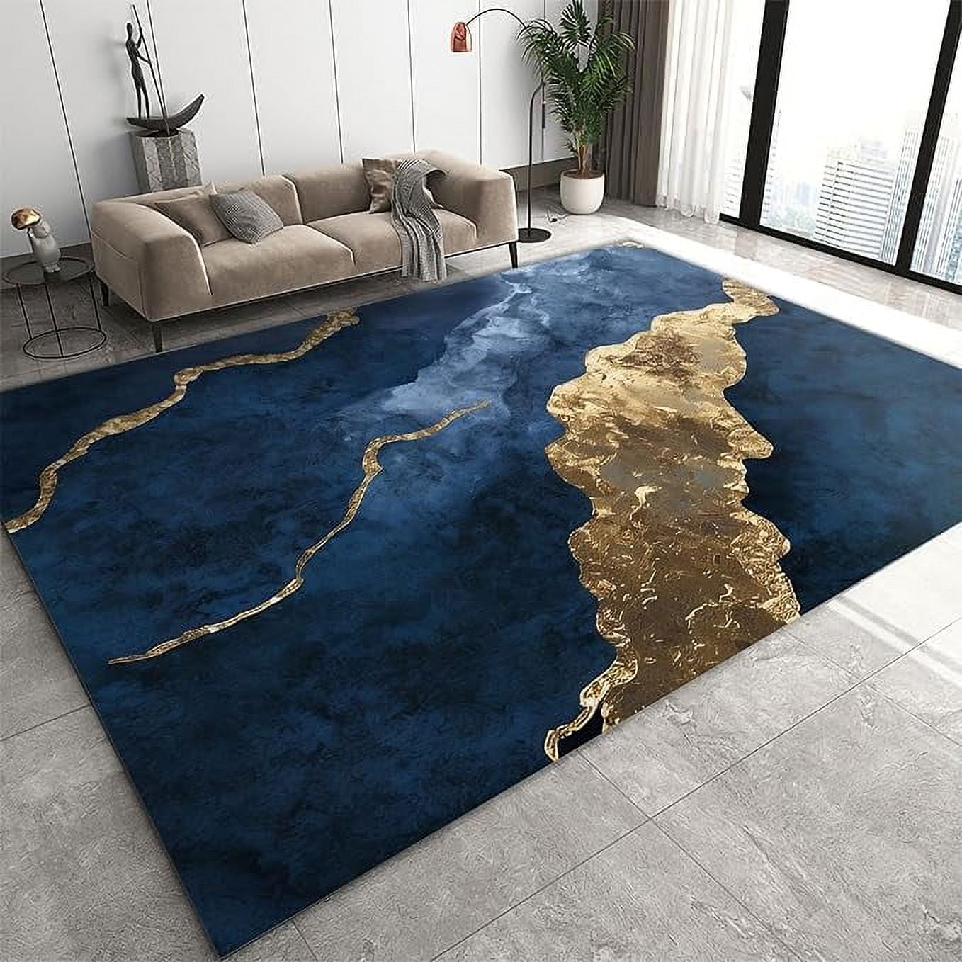 Navy Blue Marble Area Rug, Luxury Blue Agate Texture Large Indoor ...