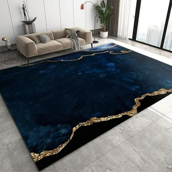 Navy Blue Marble Area Rug, Luxury Geometric Gold Foil Texture Indoor Non-Slip Rugs, Machine Washable Breathable Easy Care Carpet For Living Room Bedroom Dining Room 5x8ft