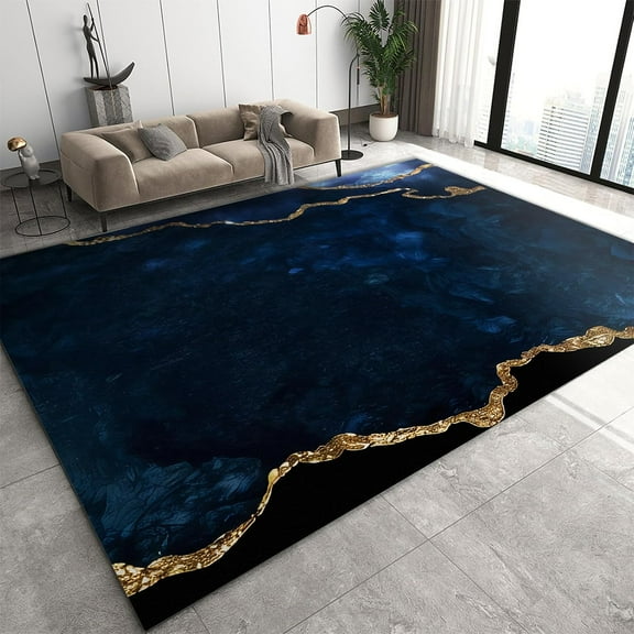 Navy Blue Marble Area Rug, Luxury Geometric Gold Foil Texture Indoor Non-Slip Rugs, Machine Washable Breathable Easy Care Carpet For Living Room Bedroom Dining Room 5x6ft