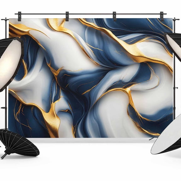 Navy Blue Marble Backdrop for Photography, Fabric Photo Background Backdrop, Gold Modern Art Photo Booth Background for Portrait Photoshoot Video Wedding Studio Decoration Banner 12x8ft