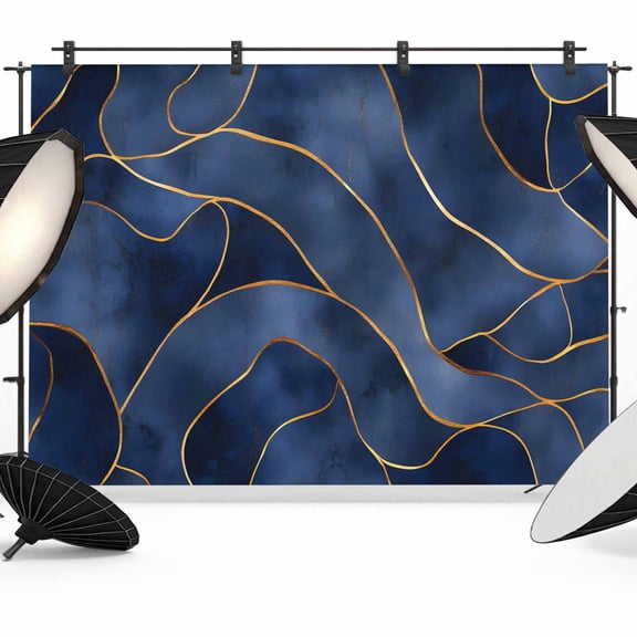 Navy Blue Marble Backdrop for Photography,Fabric Photo Background Backdrop,Modern Golden Geometric Abstract Photo Booth Background for Portrait Photoshoot Video Wedding Decoration Banner 10x8ft