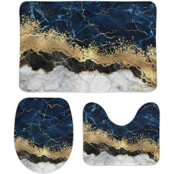 Navy Blue Marble Bathroom Rugs and Mats Sets 3 Piece Washable Coral Non Slip Bath Mat Rugs with Backing Pad Contour Rug