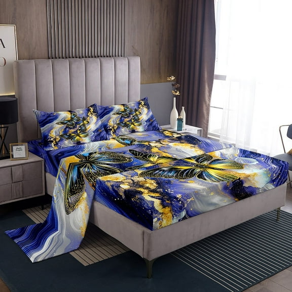 Navy Blue Marble Bed&nbsp;Sheets&nbsp;Set Black Butterfly Sheet&nbsp;Set Queen,Gold Marbling Sheets Abstract Ombre Ink Fluid Art Top&nbsp;Sheet Aesthetic