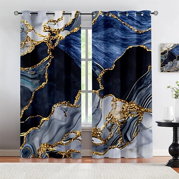 Navy Blue Marble Black Out Curtains for Bedroom, Luxury Geometric Black Gold Fluid 3D Printed Drapes, Grommet Thermal Curtains for Living Room 42"W x 84"L (Pack of 2)