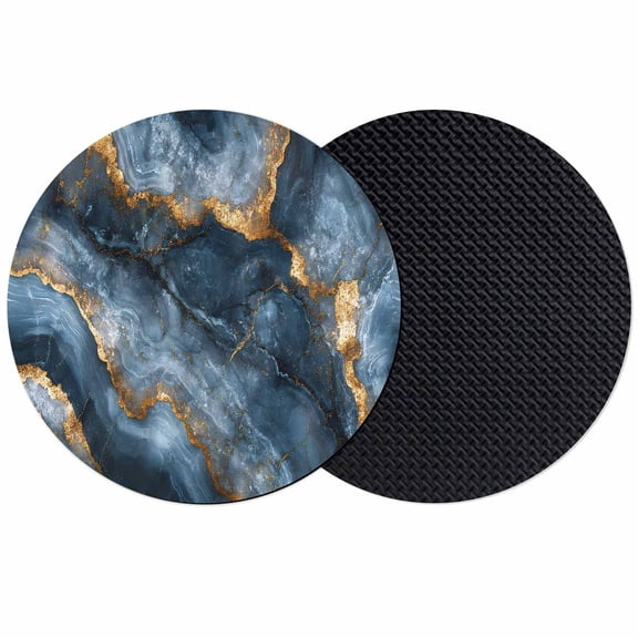 Navy Blue Marble Coasters Set of 2, Modern Art Contemporary Yellow Absorbent Coasters for Drinks, Coaster for Bar Office Dining Coffee Table Accessories Decor, Non Slip Round Desk Coaster