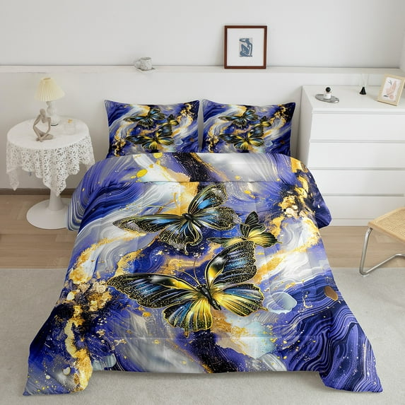 Navy Blue Marble Comforter Set Black Butterfly King Bedding Set,Gold Marbling Down Comforter Abstract Ombre Ink Fluid Art Duvet Insert Aesthetic