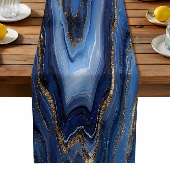 Navy Blue Marble Cotton Linen Table Runner for Dining Kitchen, Contemporary Ink Painting Abstract Wedding Outdoor Party Tablerunners Decoration, Dresser Scarf Coffee Tablecloth Runners 13x36 Inches